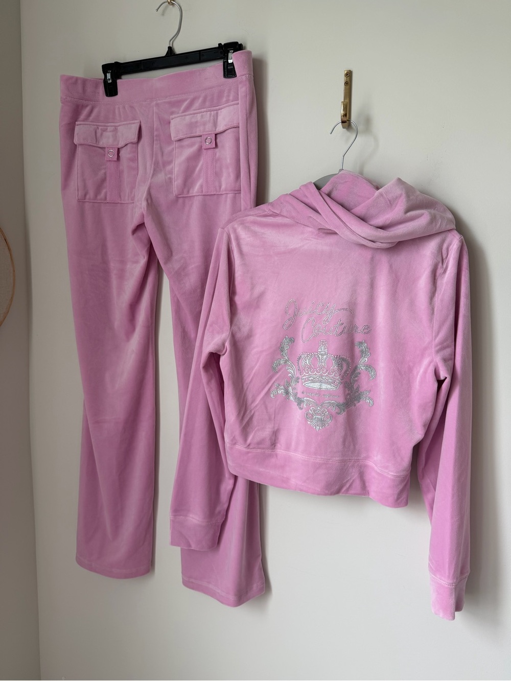 Juicy Couture Pink Velour Hoodie & Pants Set with Silver Crest rhinestone Back